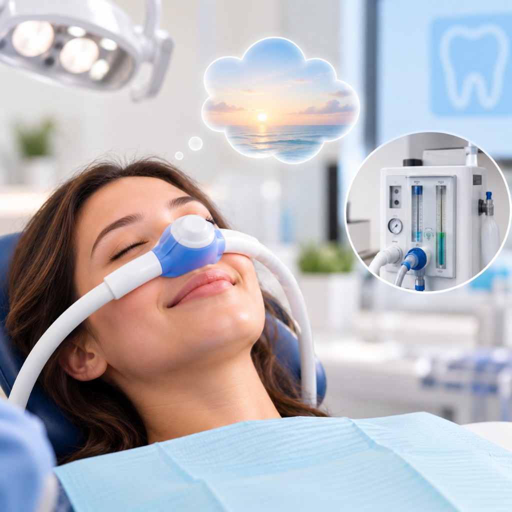 Patient receiving nitrous oxide happy gas at Newcomb Dental