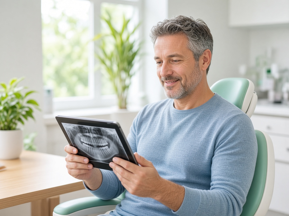 Patient reviewing a dental x-ray on a tablet at Newcomb Dental